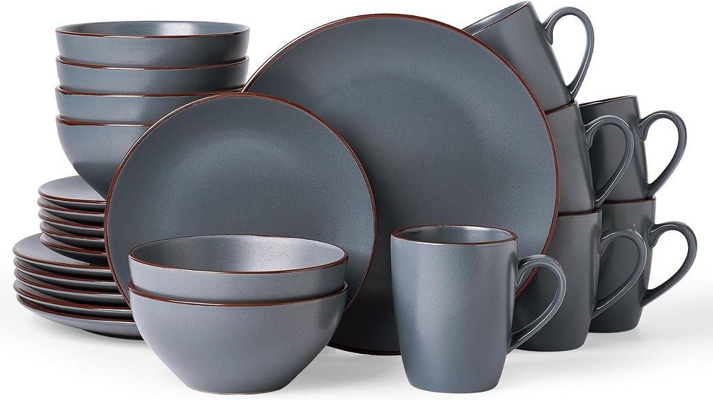 Famiware Venus 24-Piece Stoneware Dinnerware Sets with Mugs, Plates, Bowls, Service for 6, Matte Charcoal - Modern Ceramic Chip‑Resistant Dishes for Everyday & Formal Use, Microwave & Dishwasher Safe