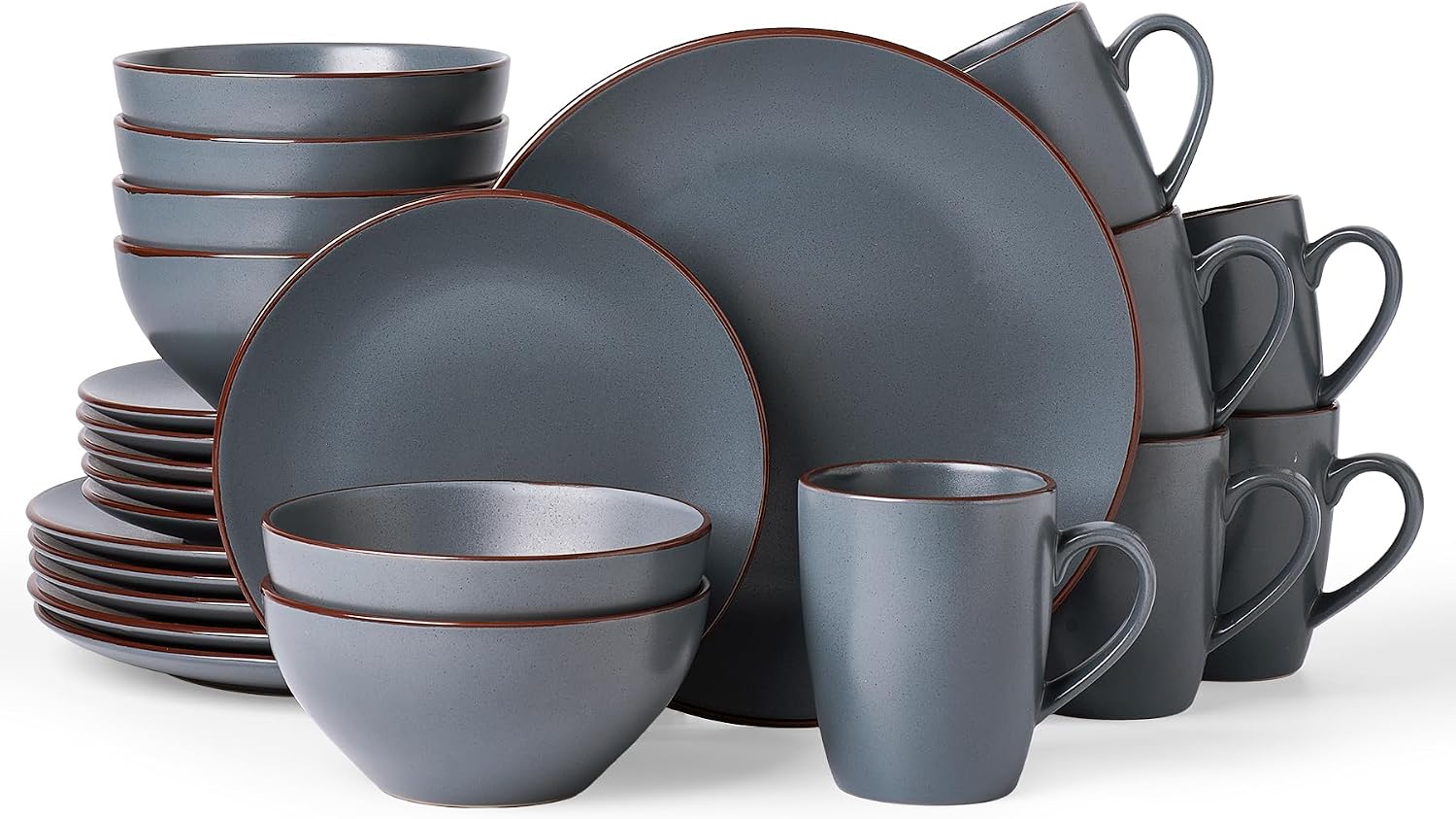 Famiware Venus 24-Piece Stoneware Dinnerware Sets with Mugs, Plates, Bowls, Service for 6, Matte Charcoal - Modern Ceramic Chip‑Resistant Dishes for Everyday & Formal Use, Microwave & Dishwasher Safe
