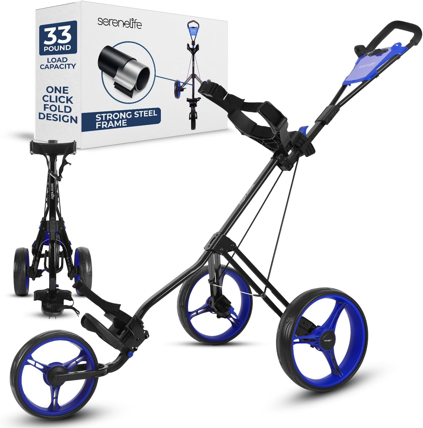 SereneLife Golf Push Pull Cart – Lightweight, Foldable, Bag Holder with Adjustable Handle, Caddy Accessories, Compact Folding Golf Trolley for Travel