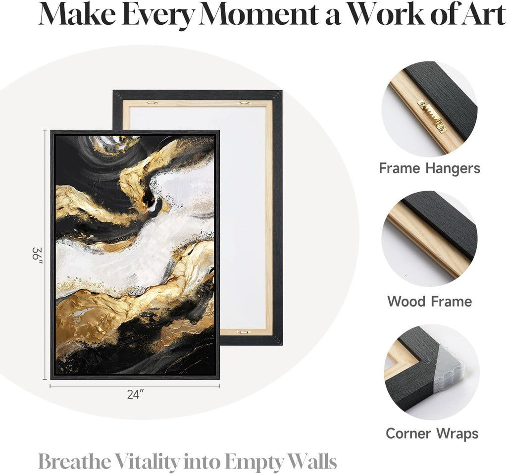 Framed Gold Abstract Wall Art Set of 2 for Living Room, Large Black White Modern Luxury Canvas Artwork for Walls, Contemporary Flow Marble Motifs Painting Print Wall Decor for Bedroom Office, 24x36 In