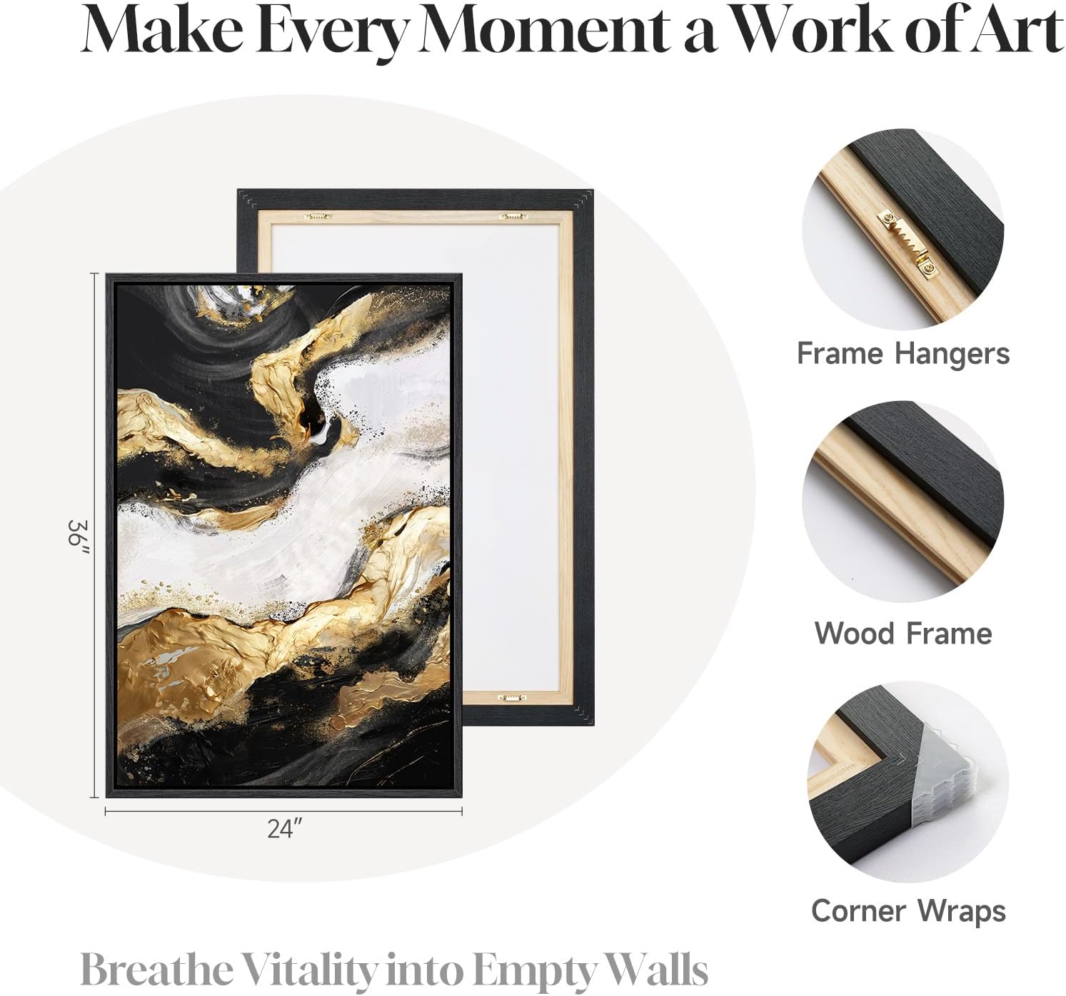 Framed Gold Abstract Wall Art Set of 2 for Living Room, Large Black White Modern Luxury Canvas Artwork for Walls, Contemporary Flow Marble Motifs Painting Print Wall Decor for Bedroom Office, 24x36 In