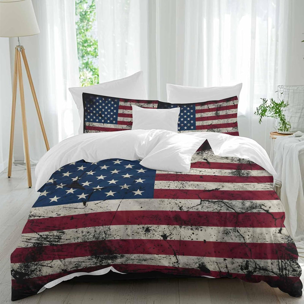 Prime Leader Independence Day Duvet Cover Set Queen Size 4 Pieces Mottled U. S. Flag Shabby Chic Vintage Bedding Set with Zipper Closure, 1 Comforter Cover 90x92 Inches 1 Flat Sheet & 2 Pillow Cases