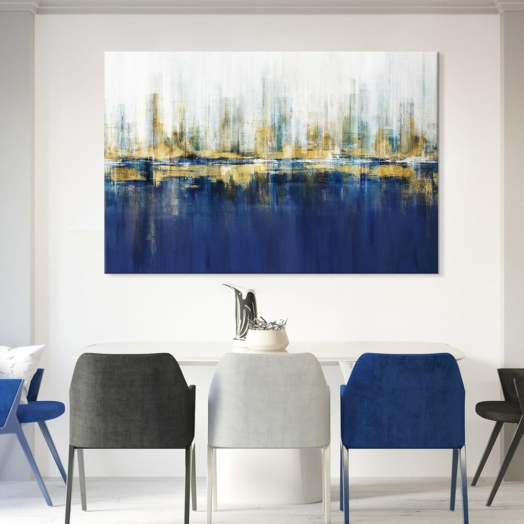 7Fisionart Indigo Blue and Gold Wall Art for Living Room Abstract Decor Canvas Paintings Cityscape Modern Skyline Large Size Pictures Framed Artwork Bedroom Office 48'x32'