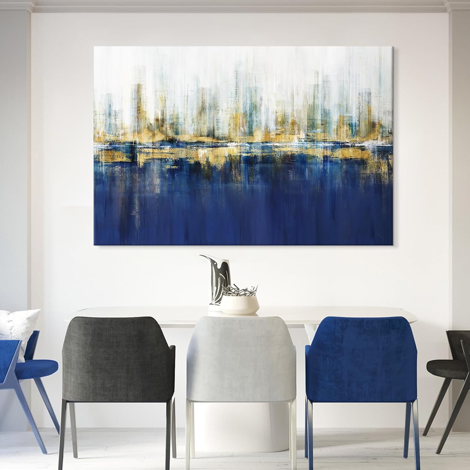 7Fisionart Indigo Blue and Gold Wall Art for Living Room Abstract Decor Canvas Paintings Cityscape Modern Skyline Large Size Pictures Framed Artwork Bedroom Office 48'x32'