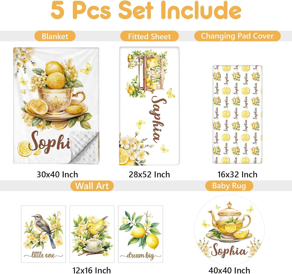 Terwex Personalized Baby Crib Bedding Set, 5 Pcs Custom Name Nursery Bedding Set, Lemon Tea Baby Bedding Set for Girls Boys, Double Layer Flannel Baby Crib Set, Toddlers Kids Infants Customized Gifts