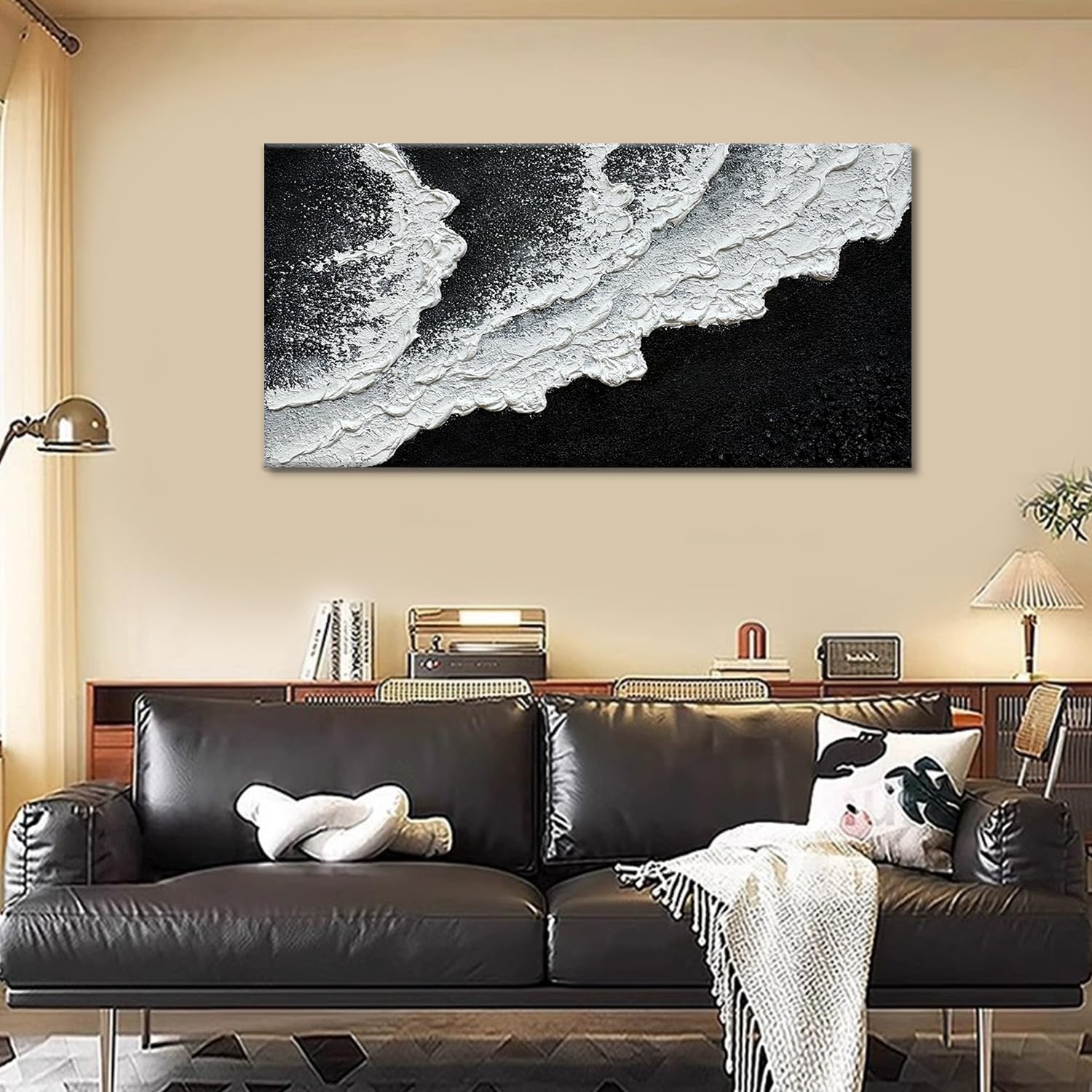 Black and White Beach Wave Textured Wall Art 3D Oil Painting Hand Painted Abstract Large Canvas Framed 29x58 Inch Acrylic Painting