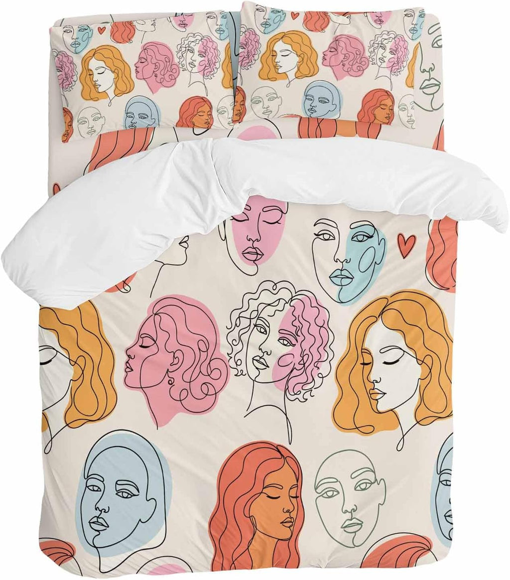Abstract Face Painting Duvet Cover Set Queen Size 4 Pieces Boho Pink Portraits Minimalist Line Bedding Set with Zipper Closure, 1 Comforter Cover 86x86 Inches 1 Flat Sheet & 2 Pillow Cases