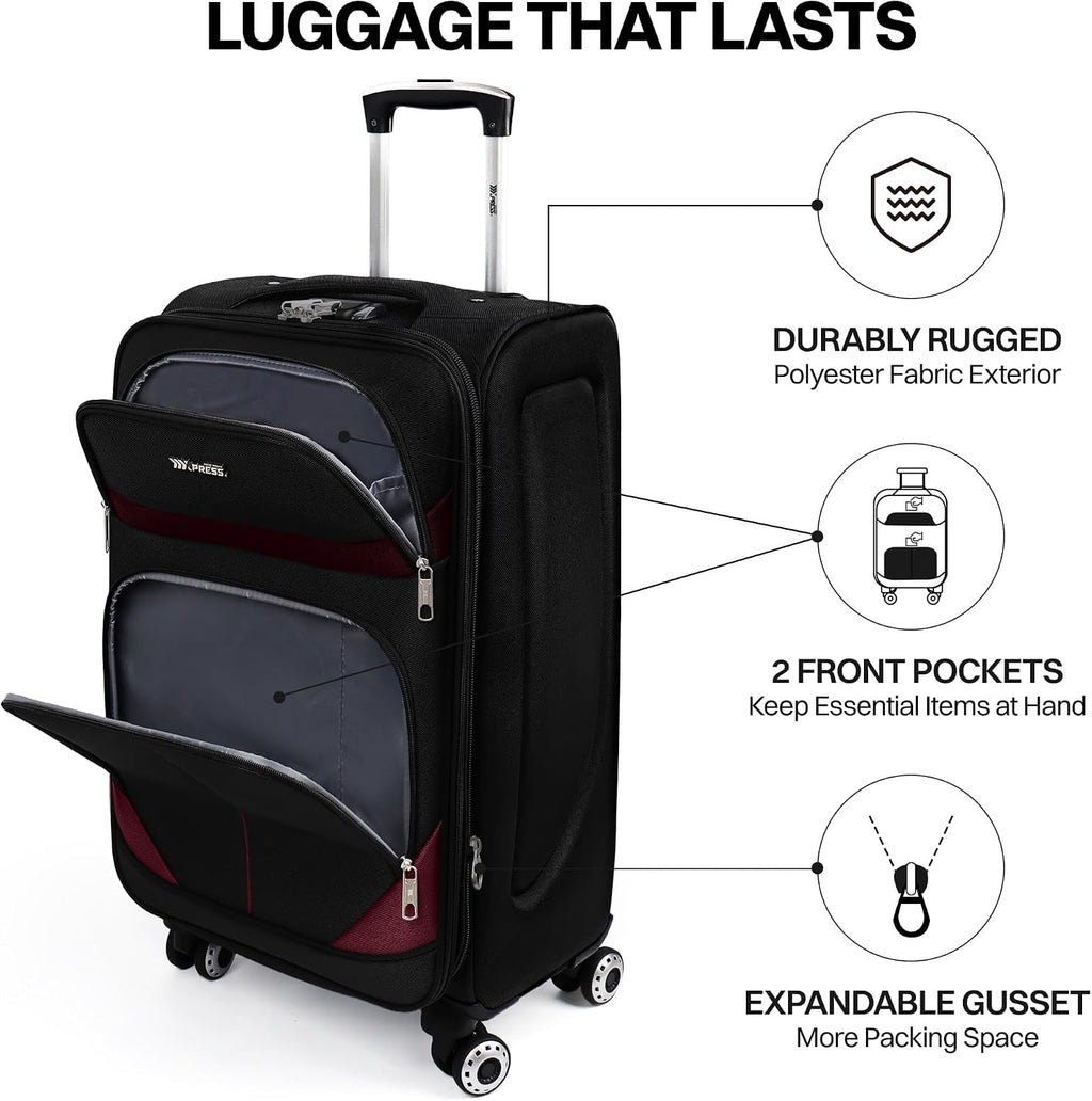2-Piece Set Front Opening,Softside Luggage Sets w/Double Spinner Wheels Expandable Luggage,Lightweight Travel Luggage Rolling Suitcase w/LOCK（Black-Burgundy,20in/28in）