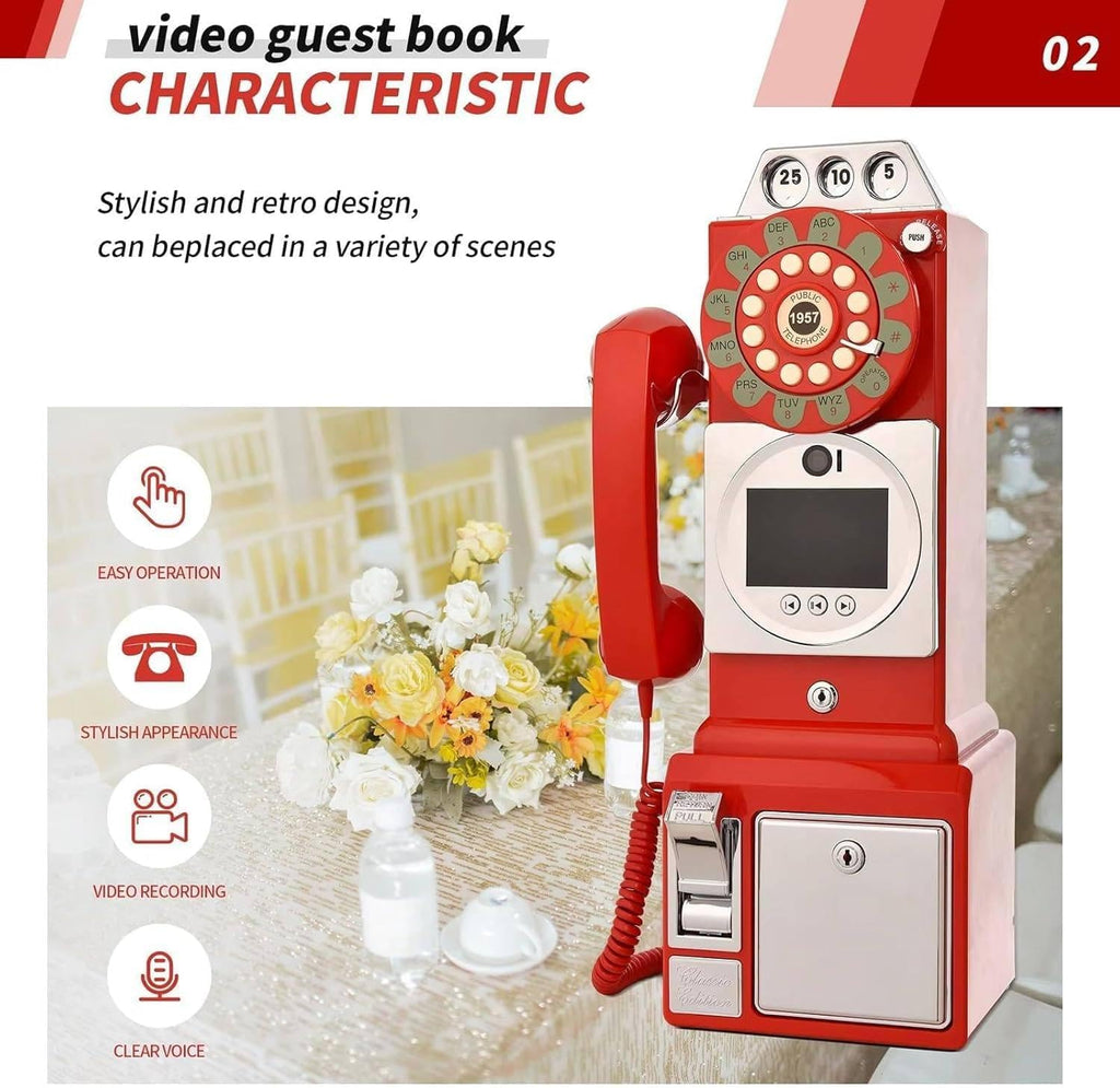 1080P Video Guestbook Wedding Phone, Retro Classic Audio Guestbook Record Customized Audio Messages with Guest Book Telephone for Parties Weddings Birthdays Rentals Confessions,Red-64G