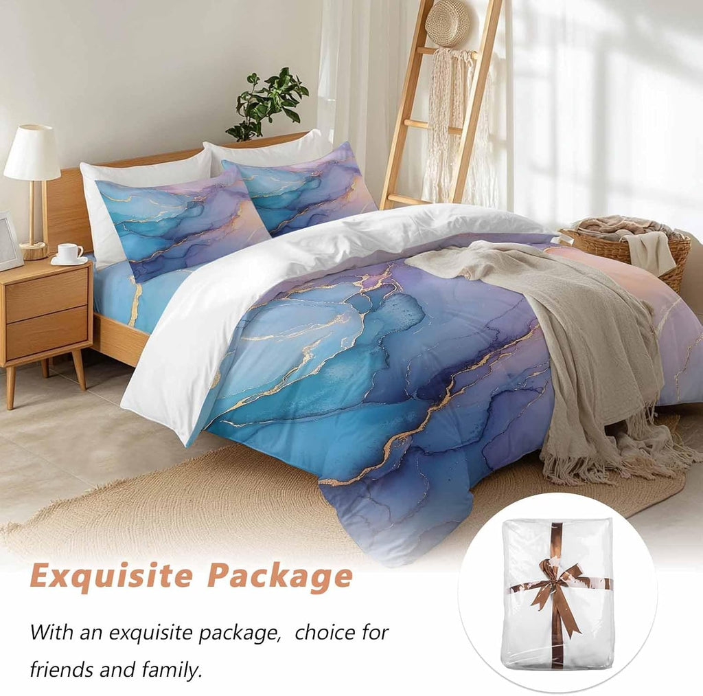 Pink Blue Marble Duvet Cover Set Queen Size 4 Pieces Abstract Marble Stone Texture Modern Style Bedding Set with Zipper Closure, 1 Comforter Cover 92x106 Inches 1 Flat Sheet & 2 Pillow Cases