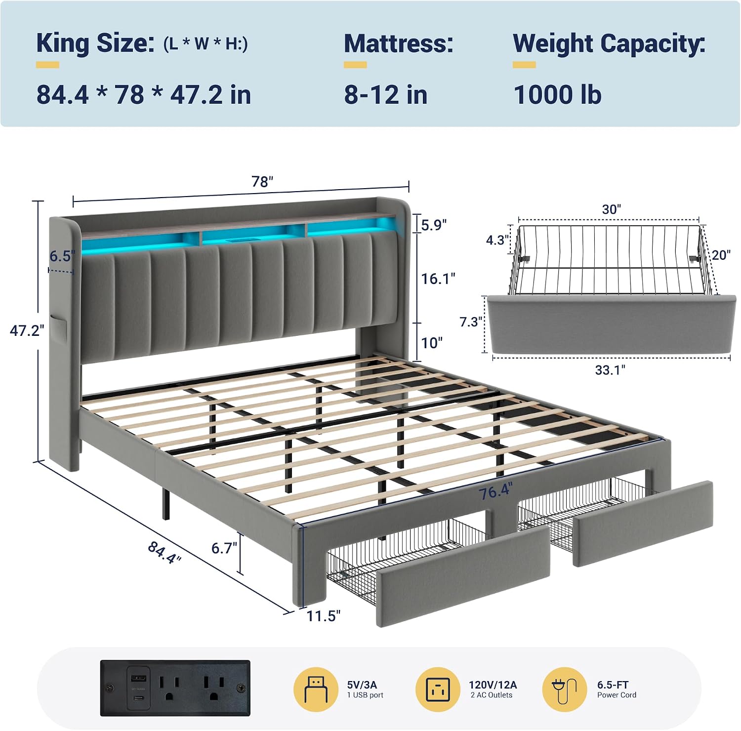 Allewie King Size Bed Frame with 2-Tier LED Storage Headboard, Velvet Upholstered King Platform Bed with 2 Storage Drawers, USB & Type-C Charging Ports, Noise-Free/No Box Spring Needed, Grey