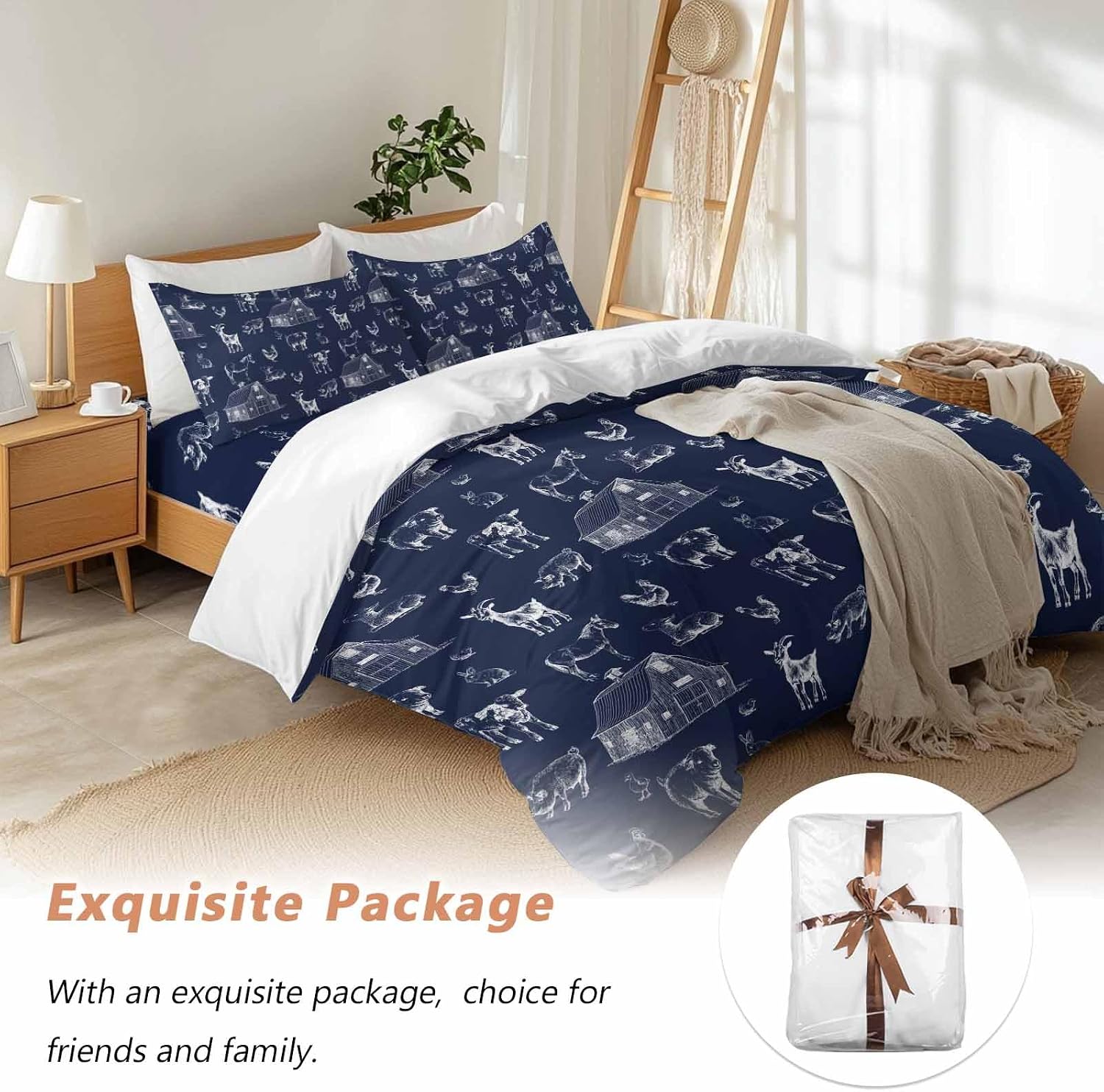 Farm Animals Duvet Cover Set Queen Size 4 Pieces Navy Blue Farmhouse Chicken Cow Sheep Pig House Country Bedding Set with Zipper Closure, 1 Comforter Cover 90x92 Inches 1 Flat Sheet & 2 Pillow Cases