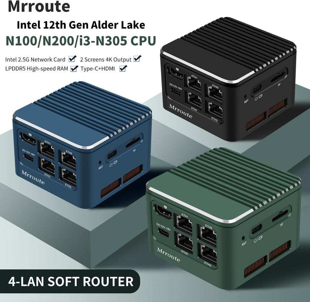 MR-M1 Plus Mini Router Alder Lake i3-N305, 8C/8T, up to 3.8 GHz,16G RAM NO SSD, Type-C/HDMI 4K Dual Display,4X LAN i226-V 2.5GbE Ports/USB3.1 Gen2,Linux/Ubuntu PC