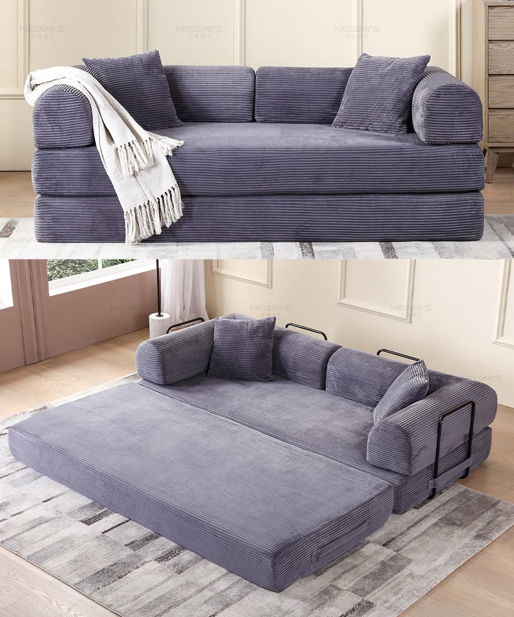 WILLIAMSPACE 77.9' Modern Loveseat Sofa Fold-Out Sofa Bed, Convertible Chair Floor Couch with Removable Backrest, Comfy Sofa Folding Mattress Couch Bed for Living Room, Bedroom, Corduroy, Gray