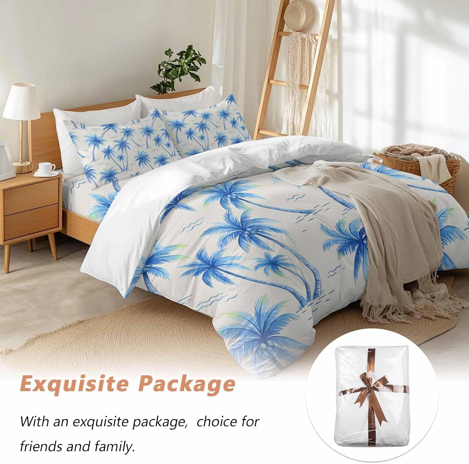 Tropical Plant Duvet Cover Set Queen Size 4 Pieces Blue Palm Trees Watercolor Tree Gradient Summer Bedding Set with Zipper Closure, 1 Comforter Cover 86x86 Inches 1 Flat Sheet & 2 Pillow Cases