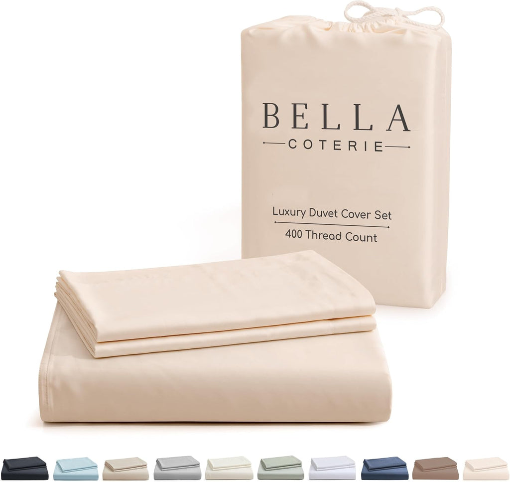 Bella Coterie Luxury Bamboo Viscose Queen Size Duvet Cover Set | 100% Organically Grown | Corner Ties | Ultra Soft | Cooling | Two Pillow Shams | 90 x 94 | No Insert [Champagne]