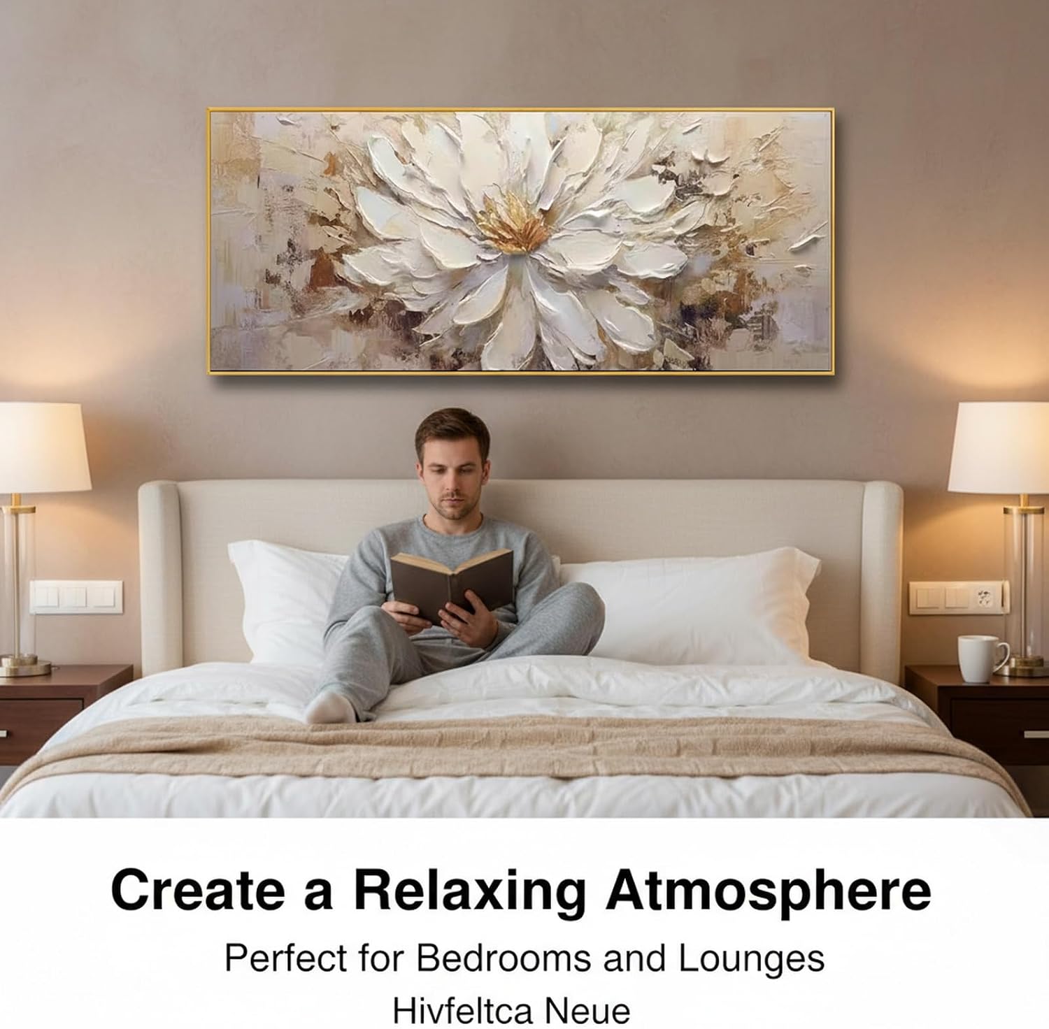 Hand-Painted Flower Canvas Oil Painting for Living Room, Large White Floral Canvas Wall Art for Bedroom,Gold Framed 3D Textured Painting for Office Kitchen Home Decoration 24x56 inches