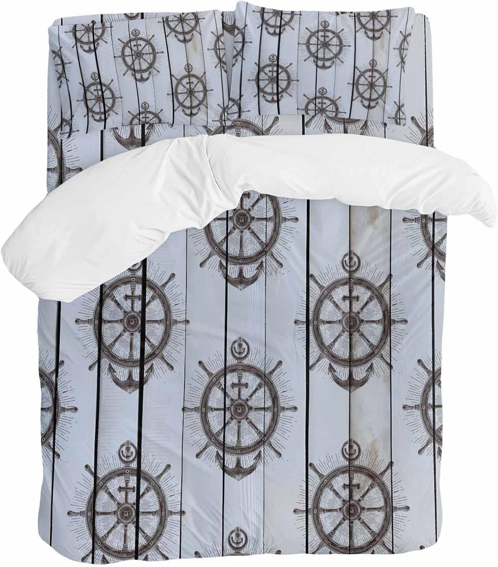 Summer Coastal Duvet Cover Set Queen Size 4 Pieces Nautical Brown Anchor Rudder Ocean Gray Wood Grain Bedding Set with Zipper Closure, 1 Comforter Cover 90x92 Inches 1 Flat Sheet & 2 Pillow Cases