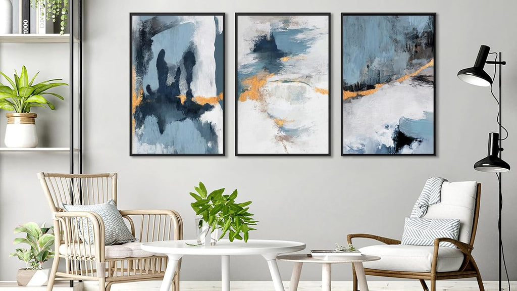Large Framed Abstract Wall Art - Natural Framed Canvas Pictures for Living Room Modern Canvas Prints Grey Blue for Bedroom, Black Float Frame Art for Home Office Kitchen Decor 24' X 36' X 3pcs