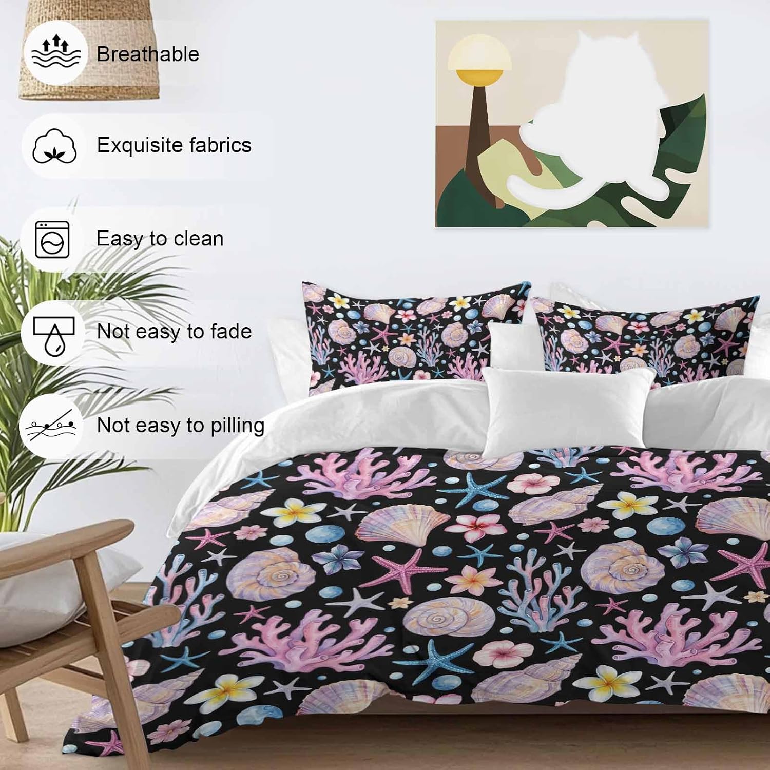 Summer Beach Duvet Cover Set Queen Size 4 Pieces Ocean Starfish Shell Coastal Conch Coral Flowers Black Bedding Set with Zipper Closure, 1 Comforter Cover 90x92 Inches 1 Flat Sheet & 2 Pillow Cases