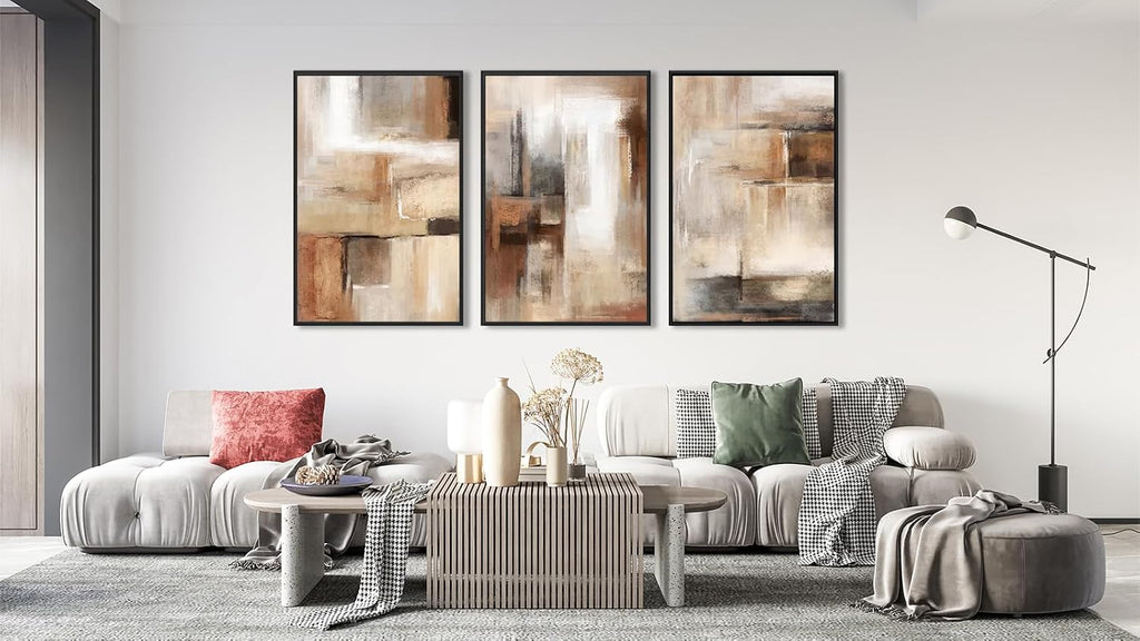 ASDCEUTICALS Large Canvas Wall Art - Brown and Beige Abstract Pictures for Living Room Vintage Wall Decor Retro Rustic Paintings Black Float Framed for Bedroom Dinning Room 32' X 48' X 3 pcs