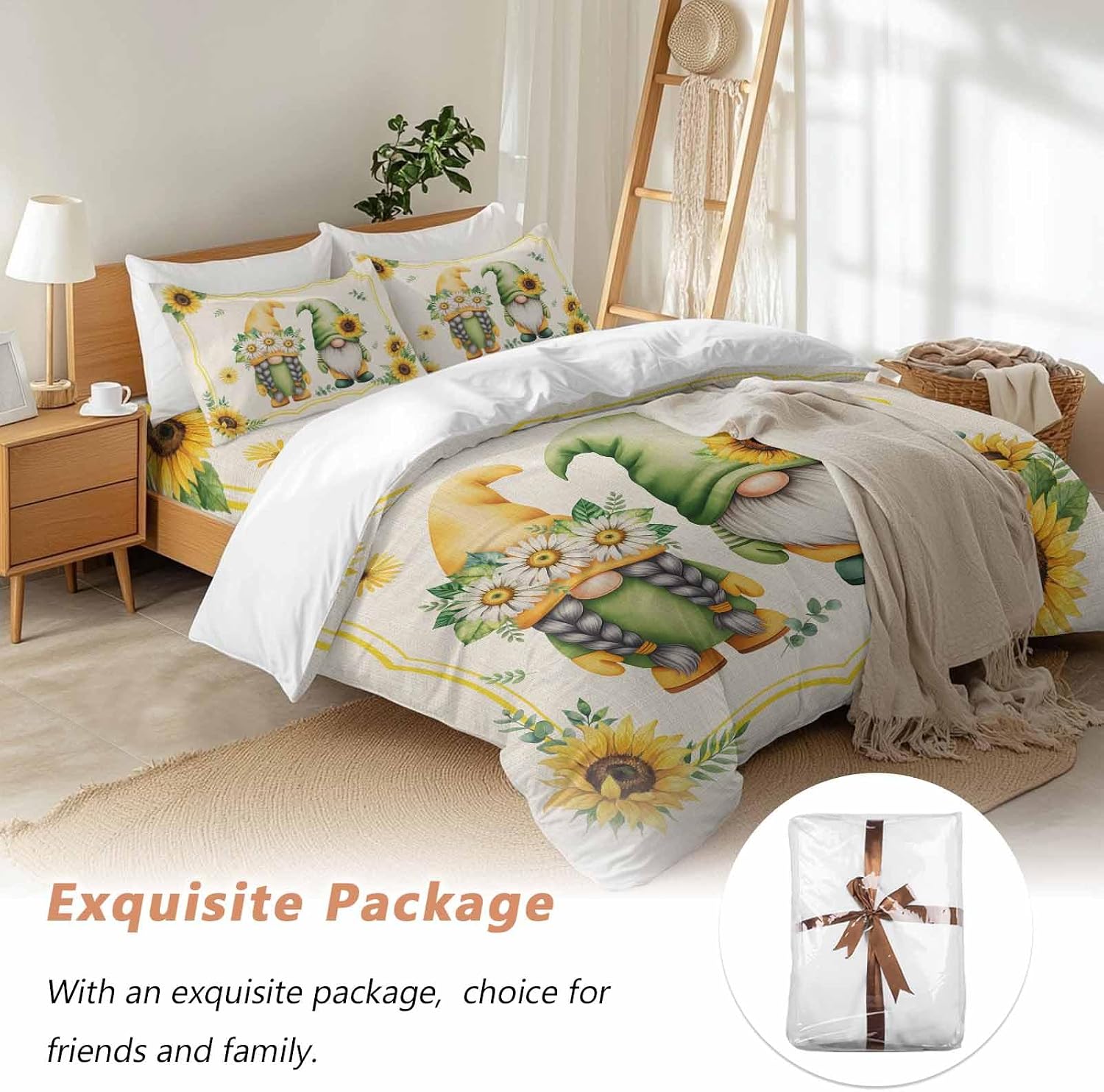 Prime Leader Summer Dwarfs Duvet Cover Set Queen Size 4 Pieces Yellow Sunflower Daisy Field Plant Vintage Bedding Set with Zipper Closure, 1 Comforter Cover 90x92 Inches 1 Flat Sheet & 2 Pillow Cases