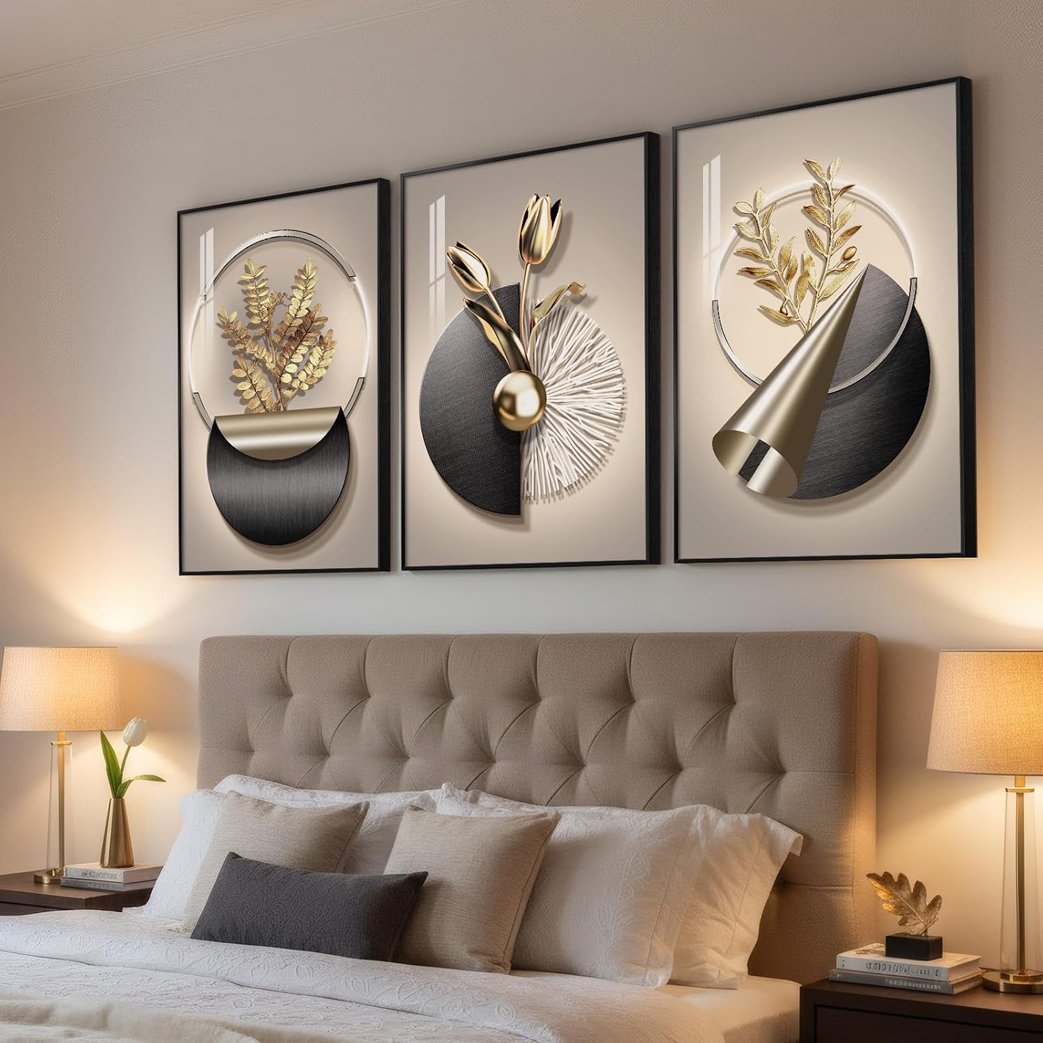 Large Framed Modern Elegant Wall Art for Living Room, 3 Piece Black and Gold Bright Luxury Prints Paintings, Contemporary Elegant Flower and Geometric Pictures for Bedroom Entryway Wall Decor 24x36 In