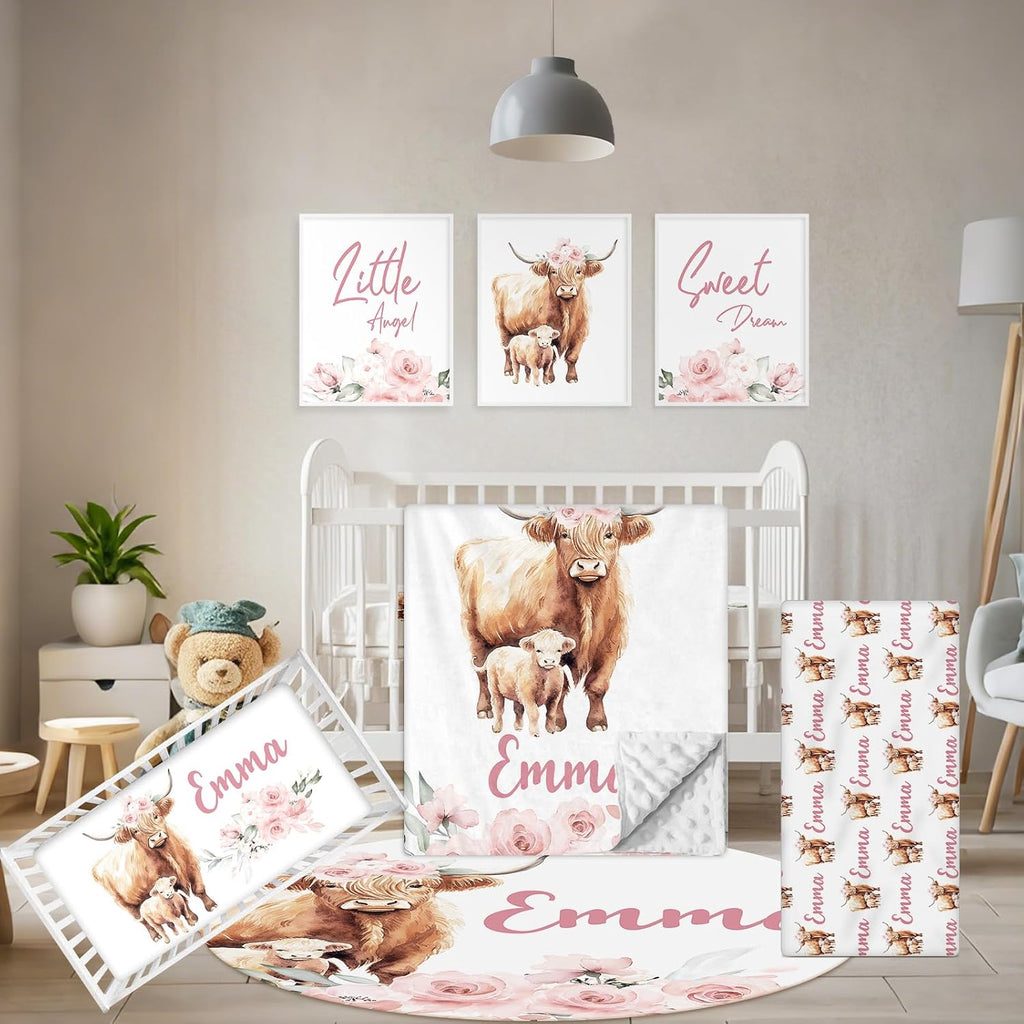 Terwex Personalized Baby Crib Bedding Set, 5 Pcs Custom Name Nursery Bedding Set, Pink Highland Cow Baby Bedding Set for Girl, Double Layer Baby Crib Sets, Customized Gifts for Toddlers Kids Infants