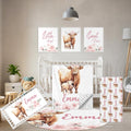 Terwex Personalized Baby Crib Bedding Set, 5 Pcs Custom Name Nursery Bedding Set, Pink Highland Cow Baby Bedding Set for Girl, Double Layer Baby Crib Sets, Customized Gifts for Toddlers Kids Infants