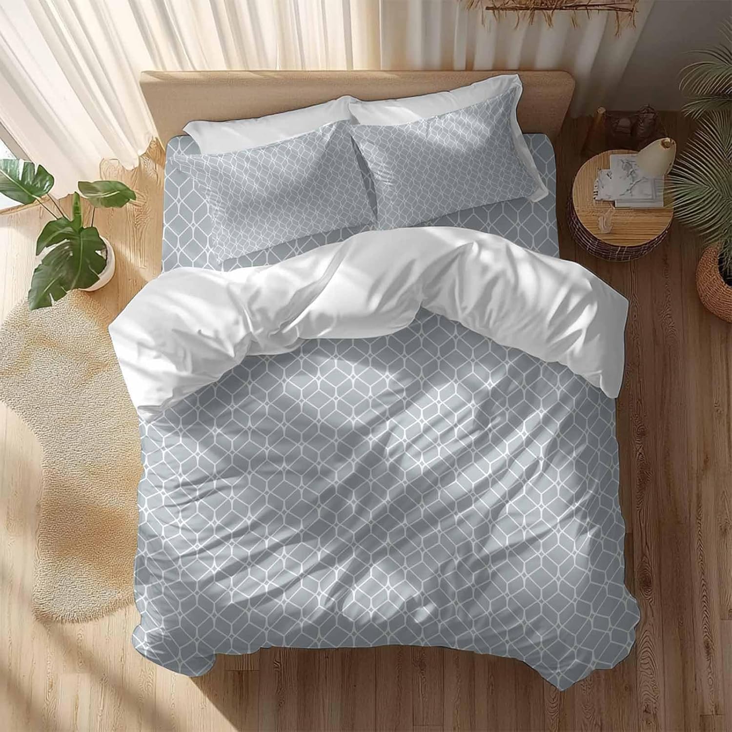 Prime Leader Modern Geometric Duvet Cover Set Queen Size 4 Pieces Grey Color Blocks Abstract Cube Simple Bedding Set with Zipper Closure, 1 Comforter Cover 90x92 Inches 1 Flat Sheet & 2 Pillow Cases
