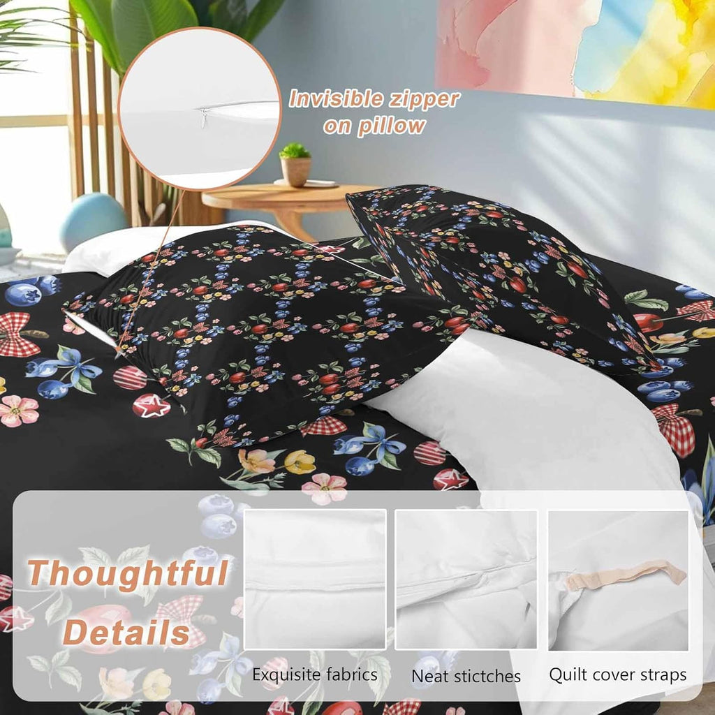 Red Cherry Blueberry Duvet Cover Set Queen Size 4 Pieces Country Farmhouse Flower Green Leaf Black Bedding Set with Zipper Closure, 1 Comforter Cover 90x92 Inches 1 Flat Sheet & 2 Pillow Cases