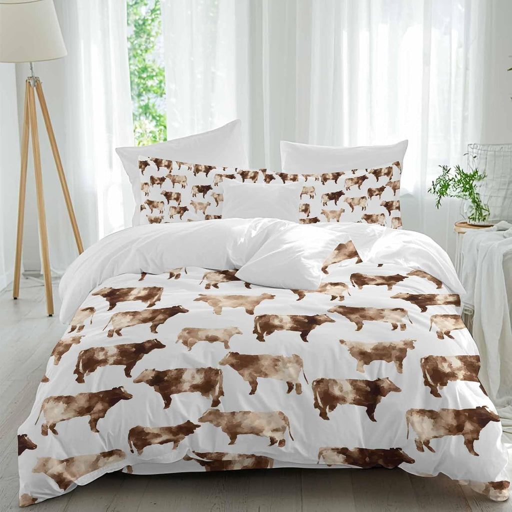 Prime Leader Farmhouse Cow Duvet Cover Set Queen Size 4 Pieces Watercolors Beige Brown Rustic Farm Animal Bedding Set with Zipper Closure, 1 Comforter Cover 90x92 Inches 1 Flat Sheet & 2 Pillow Cases