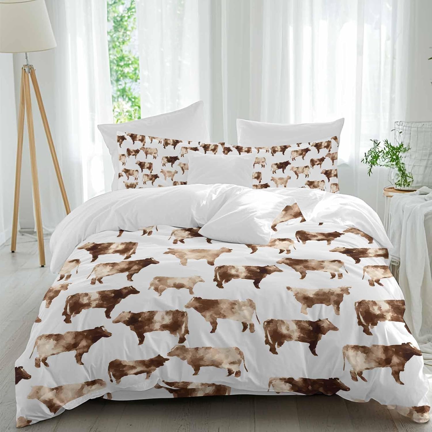 Prime Leader Farmhouse Cow Duvet Cover Set Queen Size 4 Pieces Watercolors Beige Brown Rustic Farm Animal Bedding Set with Zipper Closure, 1 Comforter Cover 90x92 Inches 1 Flat Sheet & 2 Pillow Cases
