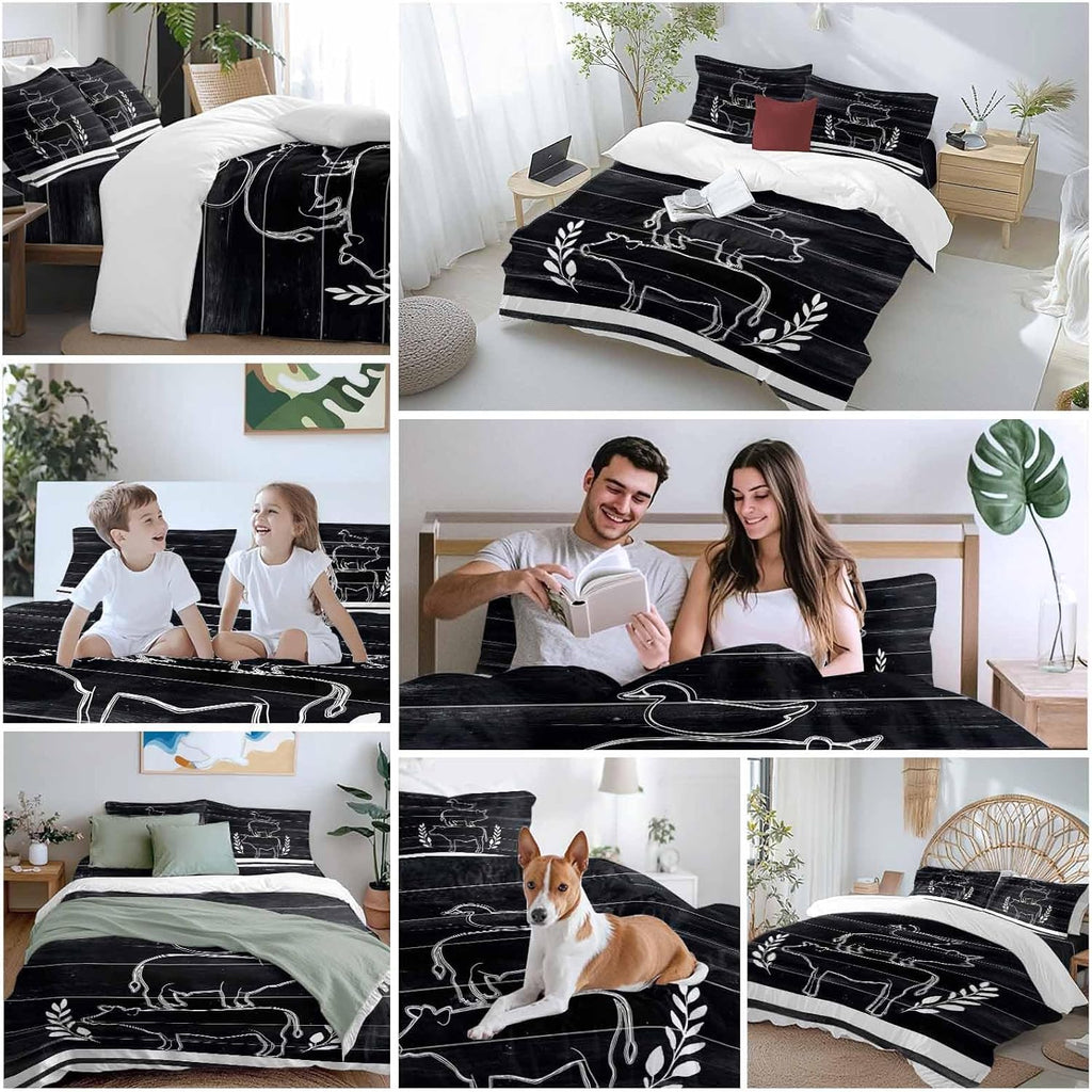 Farm Animals Duvet Cover Set Queen Size 4 Pieces Farmhouse Black Gray Cow Pig Duck Black Wood Grain Bedding Set with Zipper Closure, 1 Comforter Cover 92x106 Inches 1 Flat Sheet & 2 Pillow Cases