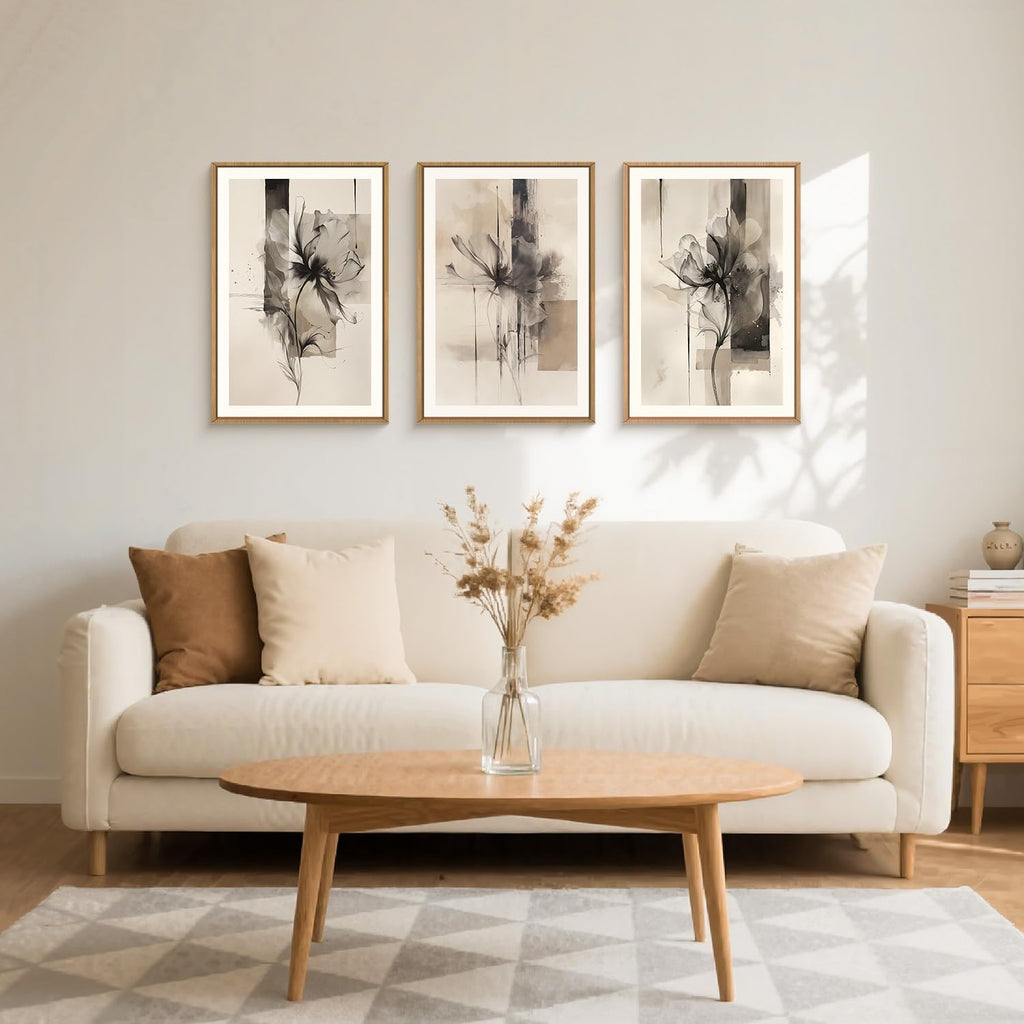 FWIEXA Large Black Beige Floral Canvas Wall Art Set 3, Neutral Abstract Florals Framed Prints, Brushstroke Geometry Line Paintings, 24x36In Watercolor Ink Artwork Poster for Farmhouse, Living Room, Bedroom, Office