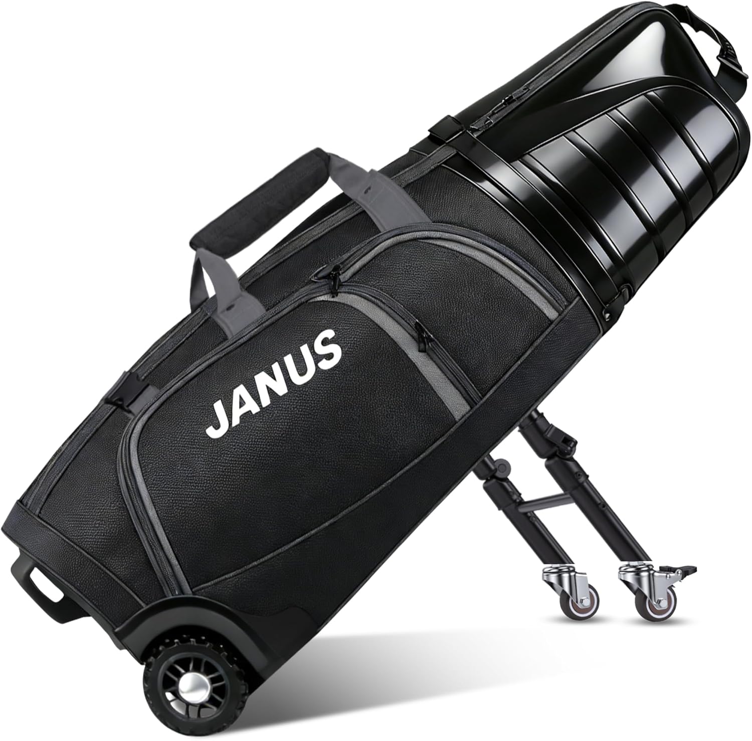 JANUS Golf Travel Bag Hard Case with Foldable Support Legs, Hands-Free Golf Club Travel Bag with 360° Spinner Wheels, ABS Hard Shell, Foldable Design for Airline Travel