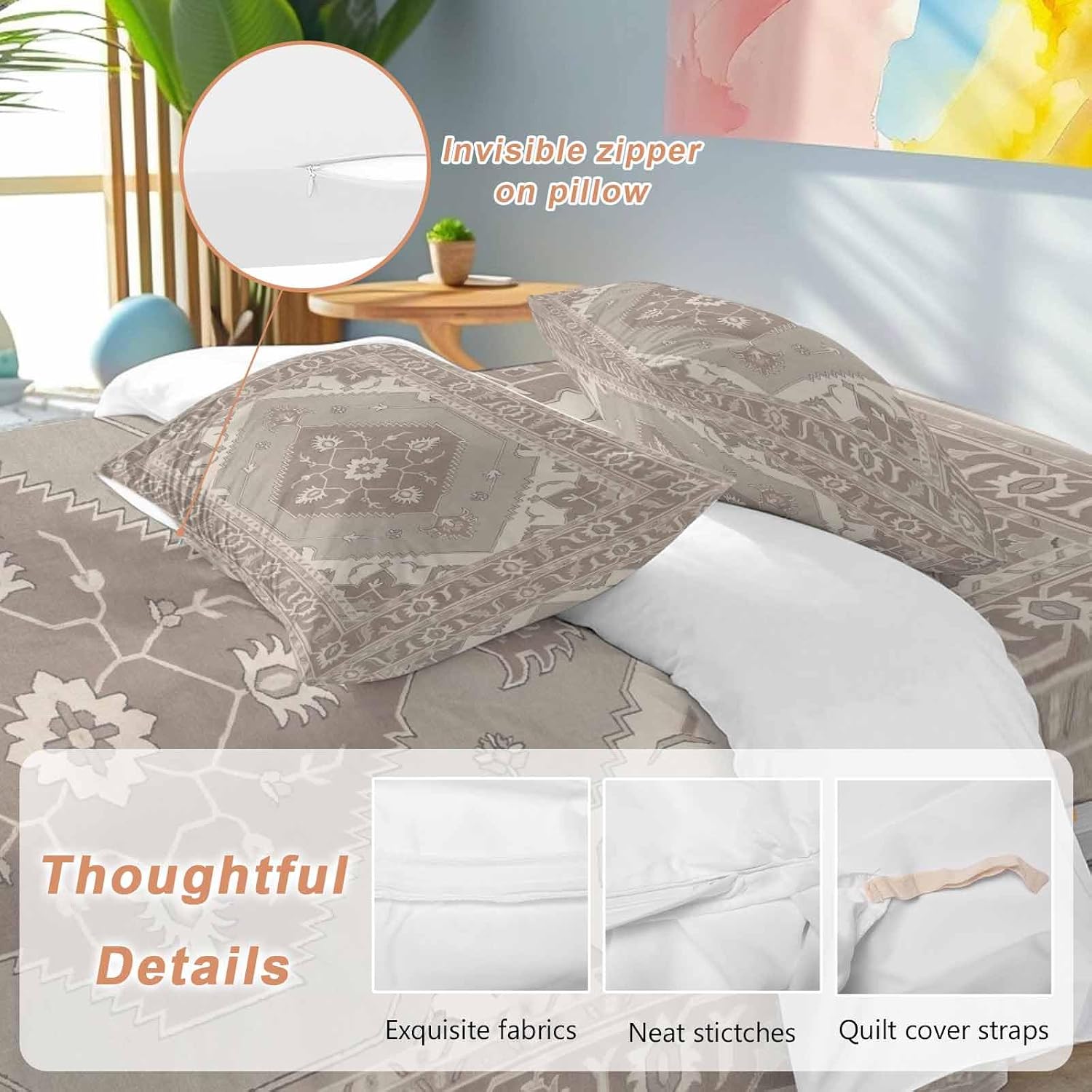 Ethnic Art Boho Duvet Cover Set Queen Size 4 Pieces Abstract Geometric Brown Flower Pattern Retro Border Bedding Set with Zipper Closure, 1 Comforter Cover 92x106 Inches 1 Flat Sheet & 2 Pillow Cases