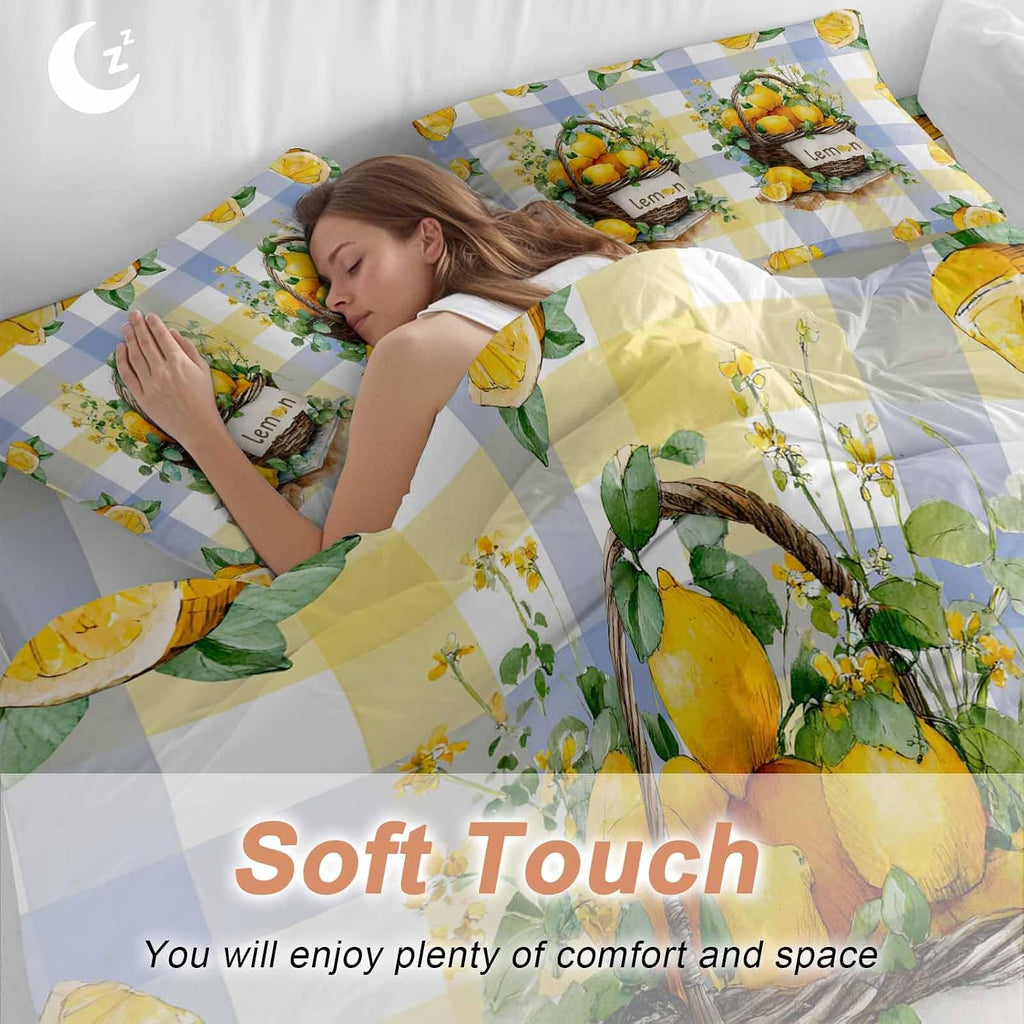 Summer Fruit Duvet Cover Set Queen Size 4 Pieces Watercolor Lemon Frame Letter Print Blue Yellow Plaid Bedding Set with Zipper Closure, 1 Comforter Cover 90x92 Inches 1 Flat Sheet & 2 Pillow Cases
