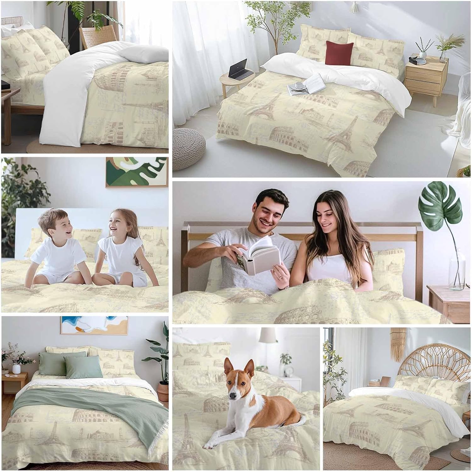 Prime Leader Yellow Architecture Duvet Cover Set Queen Size 4 Pieces Retro Classic Light Yellow City Bedding Set with Zipper Closure, 1 Comforter Cover 86x86 Inches 1 Flat Sheet & 2 Pillow Cases