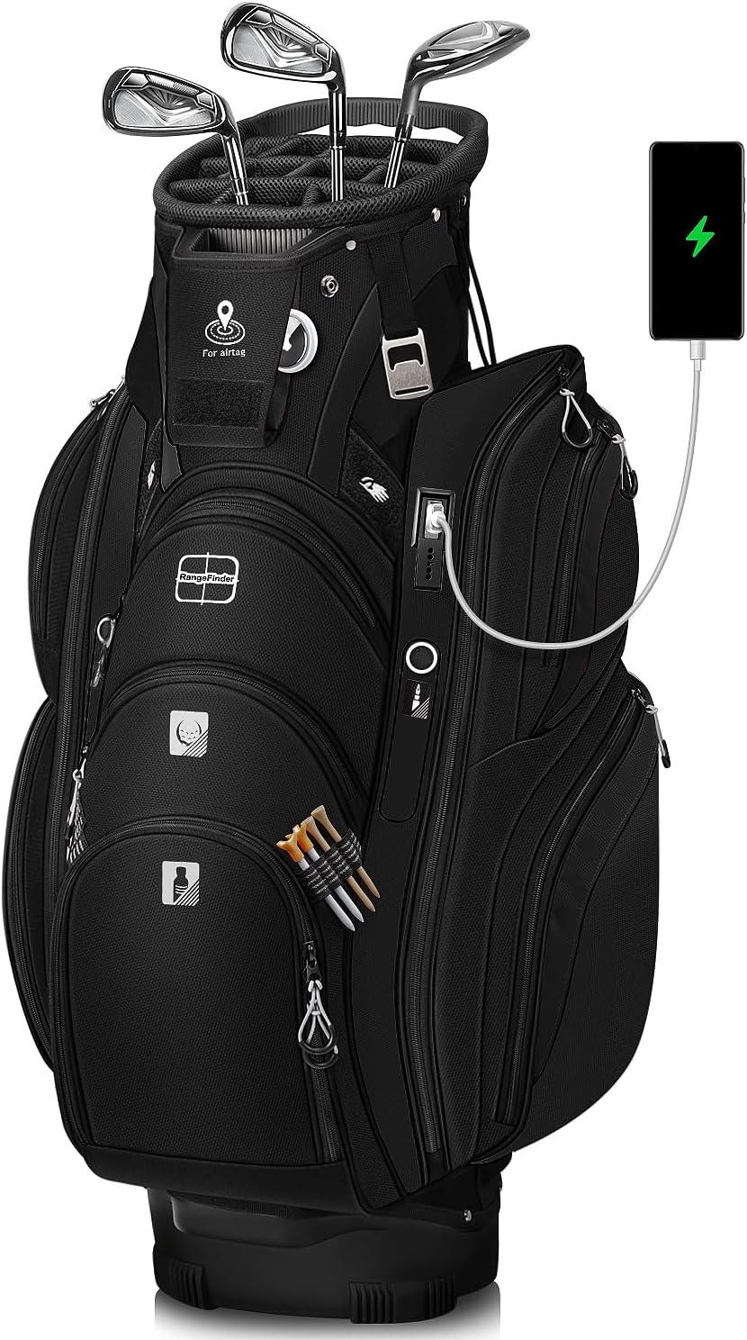Vancropak Golf Cart Bag, Golf Gifts for Men with 15 Way Divider Top, USB Charging Port, Waterproof Protective Rain Cover, Shoe Compartment, Cooler Pocket, Tracker Slot, Umbrella Holder, Golfer Gifts