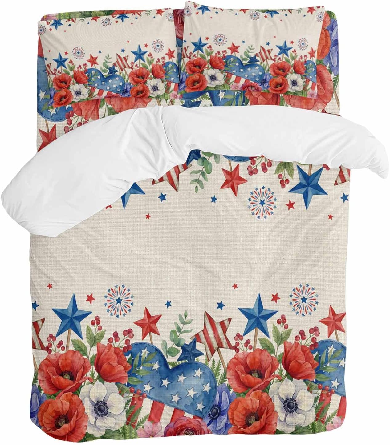 Independence Day Duvet Cover Set Queen Size 4 Pieces Blue Red White Floral Flower Love Heart Retro Bedding Set with Zipper Closure, 1 Comforter Cover 90x92 Inches 1 Flat Sheet & 2 Pillow Cases
