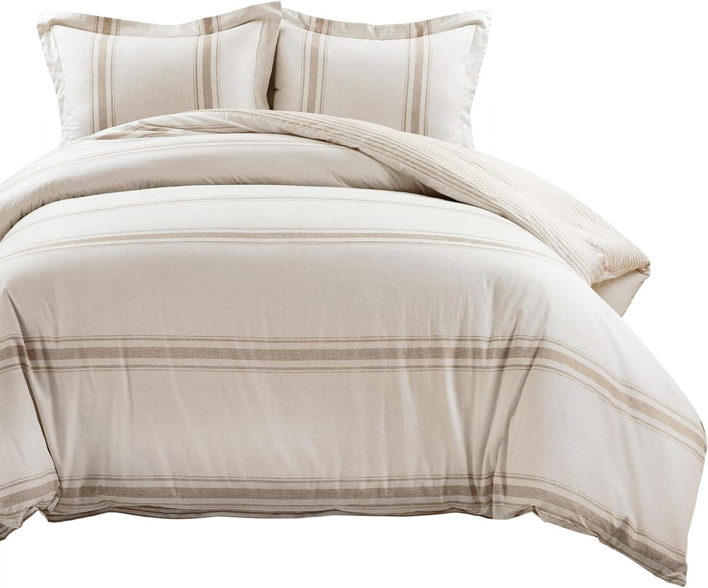 Lush Decor Farmhouse Stripe Reversible Cotton Duvet Cover King Size 3 Piece Set Neutral - Farmhouse Bedding Set King - Striped Duvet Cover