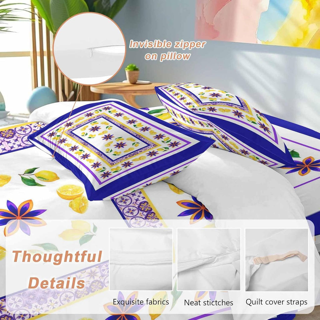 Mediterranean Style Lemon Floral Duvet Cover Set Queen Size 4 Pieces Blue Border Countryside Bedding Set with Zipper Closure, 1 Comforter Cover 92x106 Inches 1 Flat Sheet & 2 Pillow Cases