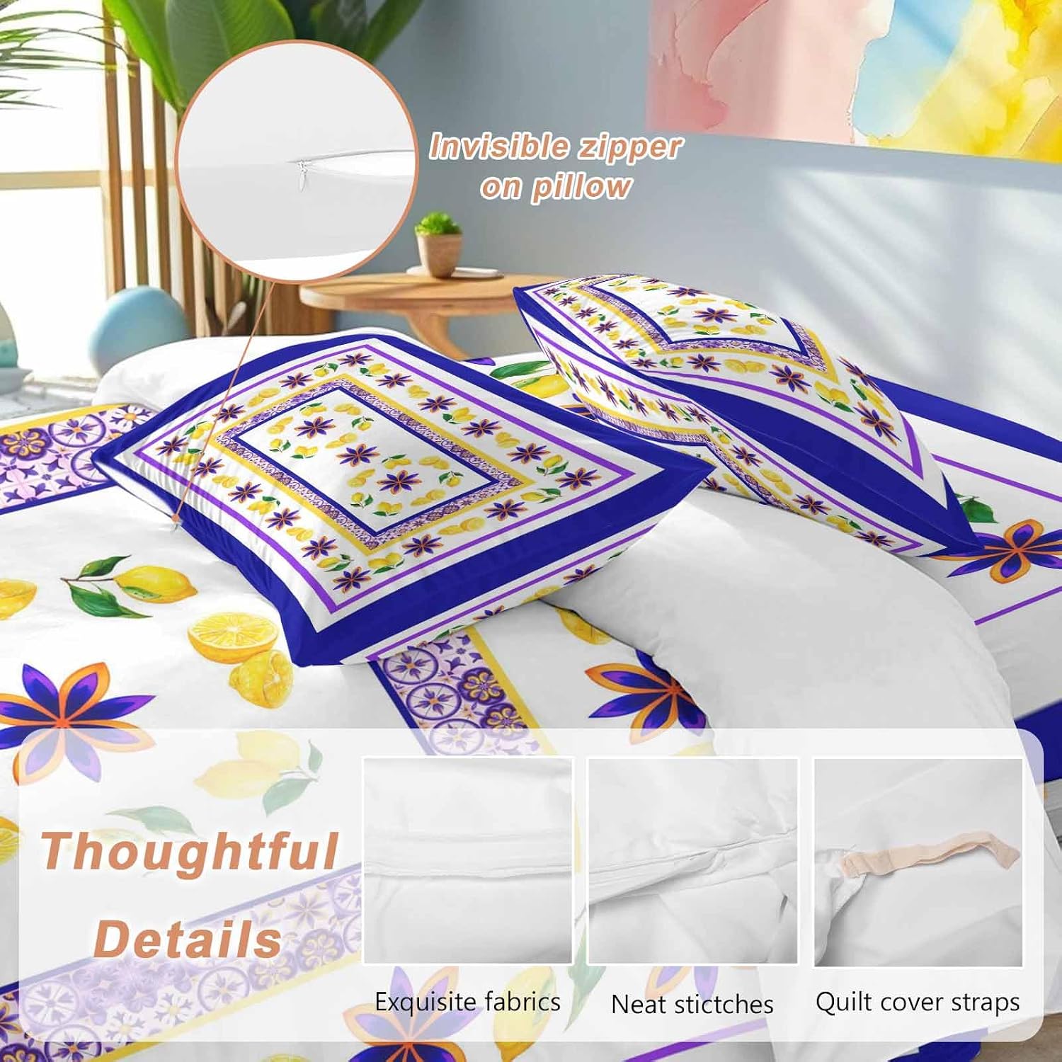 Mediterranean Style Lemon Floral Duvet Cover Set Queen Size 4 Pieces Blue Border Countryside Bedding Set with Zipper Closure, 1 Comforter Cover 92x106 Inches 1 Flat Sheet & 2 Pillow Cases