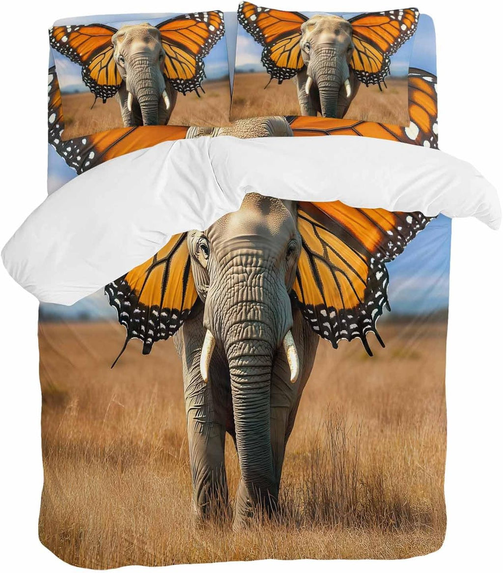 Prime Leader Funny Elephant Duvet Cover Set Queen Size 4 Pieces Elephant with Butterfly Ears Grassland Bedding Set with Zipper Closure, 1 Comforter Cover 86x86 Inches 1 Flat Sheet & 2 Pillow Cases