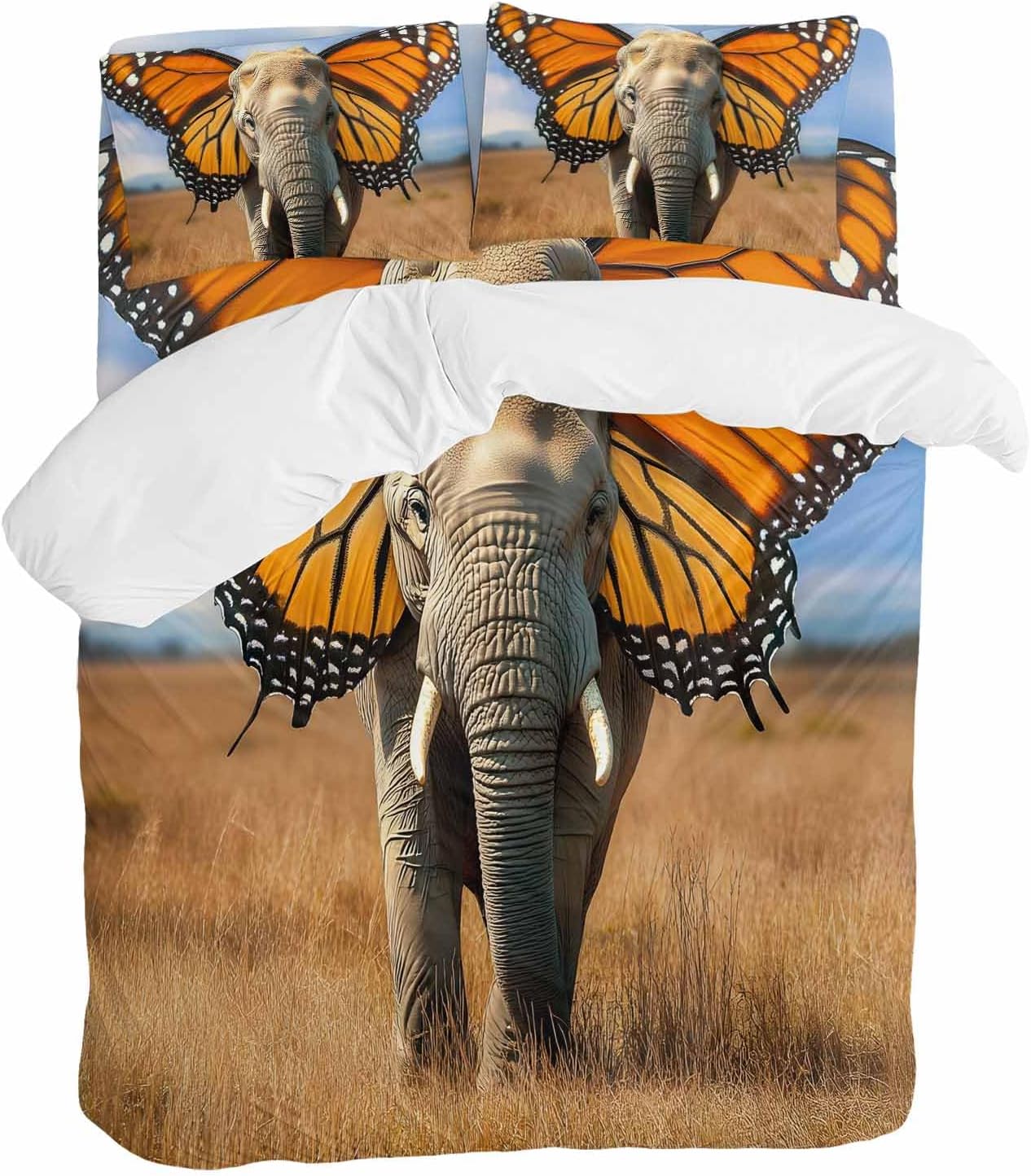 Prime Leader Funny Elephant Duvet Cover Set Queen Size 4 Pieces Elephant with Butterfly Ears Grassland Bedding Set with Zipper Closure, 1 Comforter Cover 86x86 Inches 1 Flat Sheet & 2 Pillow Cases
