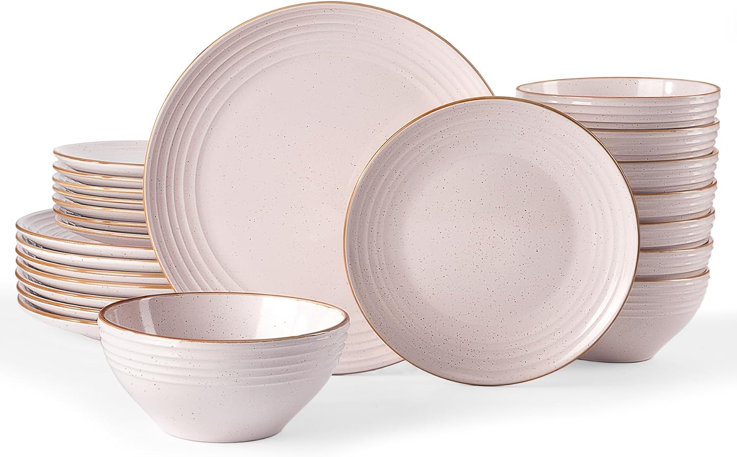 Famiware Jupiter 24-Piece Stoneware Dinnerware Set, Handcrafted Plates and Bowls with Speckles & Embossed Swirls, Chip/Scratch Resistant, Microwave/Dishwasher Safe, Rustic Dishes, Service for 8, Pink