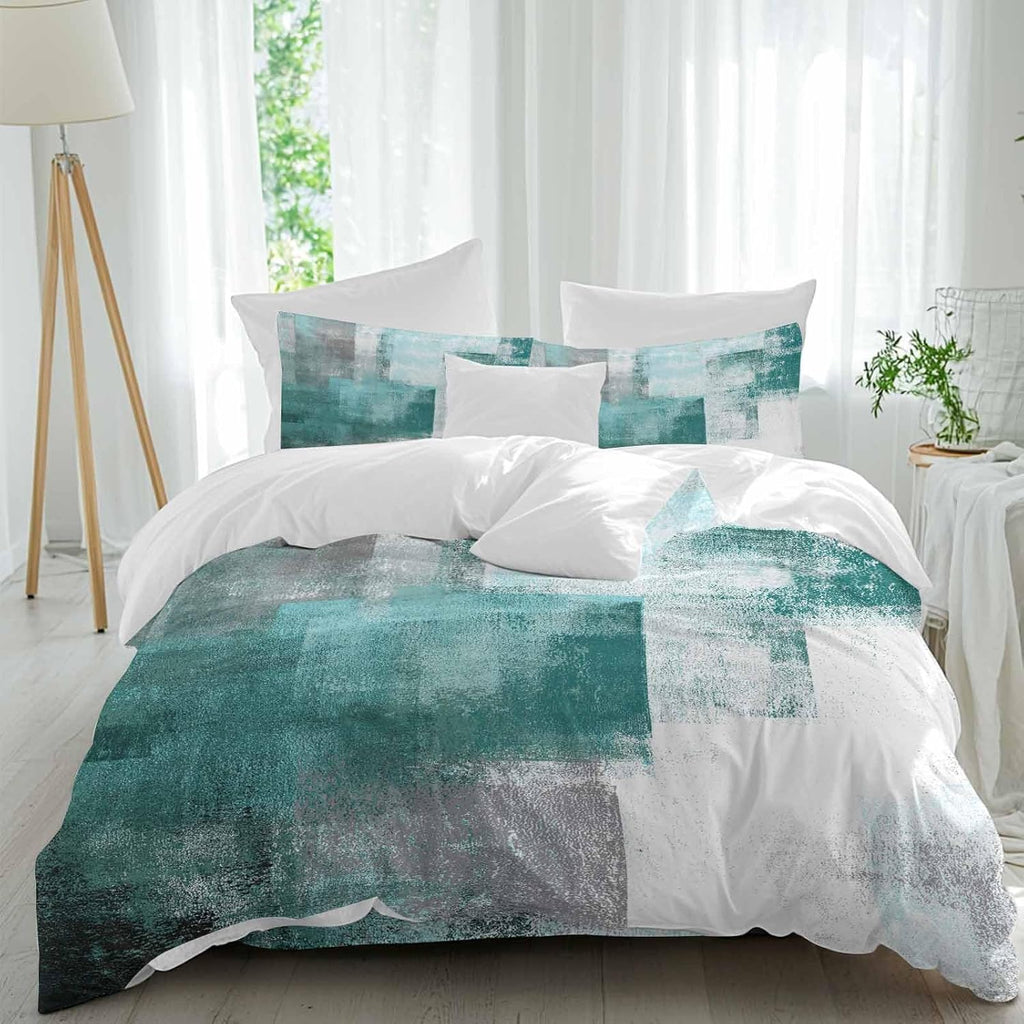 Prime Leader Abstract Art Duvet Cover Set Queen Size 4 Pieces Gradient Turquoise Vintage Minimalist Style Bedding Set with Zipper Closure, 1 Comforter Cover 86x86 Inches 1 Flat Sheet & 2 Pillow Cases