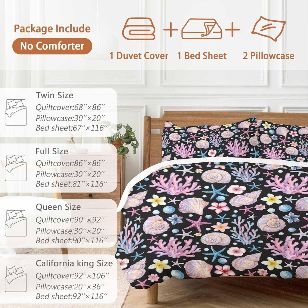 Summer Beach Duvet Cover Set Queen Size 4 Pieces Ocean Starfish Shell Coastal Conch Coral Flowers Black Bedding Set with Zipper Closure, 1 Comforter Cover 90x92 Inches 1 Flat Sheet & 2 Pillow Cases