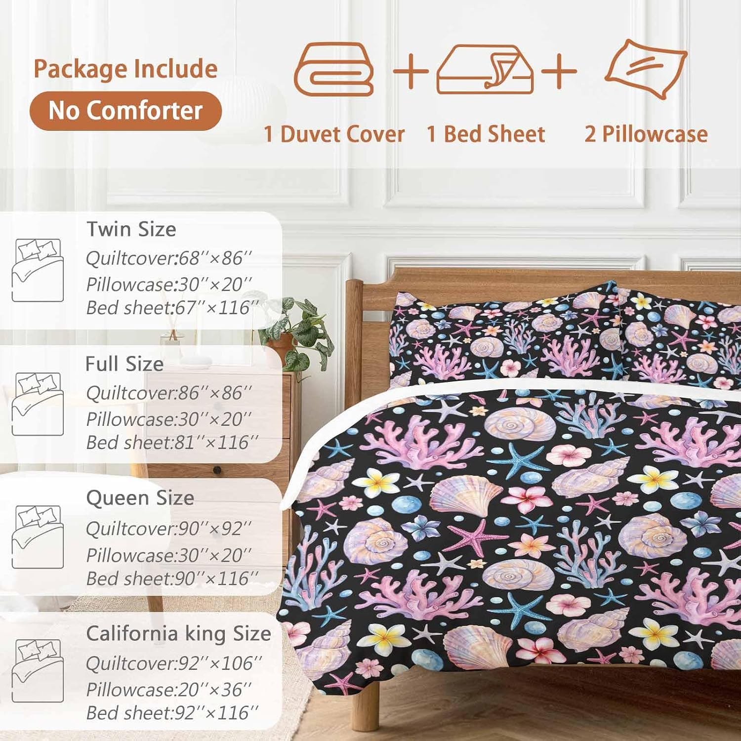 Summer Beach Duvet Cover Set Queen Size 4 Pieces Ocean Starfish Shell Coastal Conch Coral Flowers Black Bedding Set with Zipper Closure, 1 Comforter Cover 90x92 Inches 1 Flat Sheet & 2 Pillow Cases